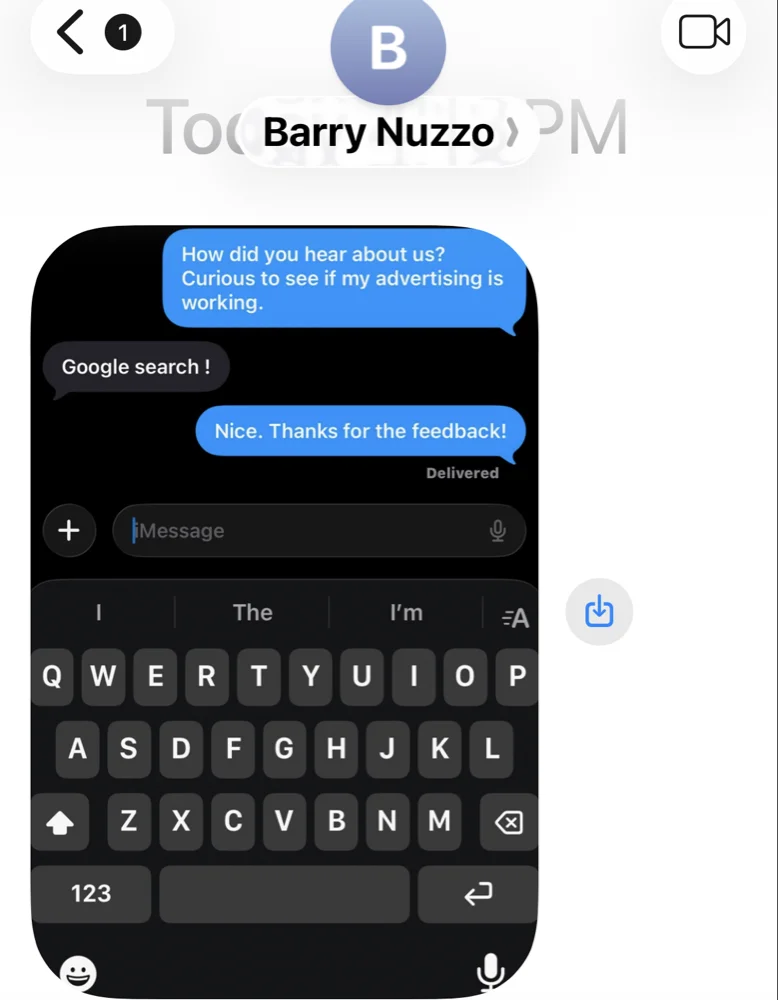 Text message from a Rollin Dough customer confirming they found the business via Google search