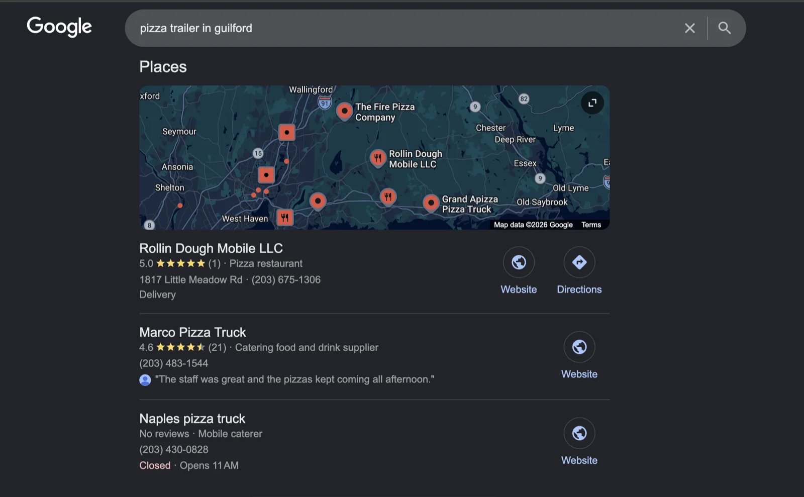 Google search results for "pizza trailer in guilford" showing Rollin Dough Mobile LLC at the top of the Places pack