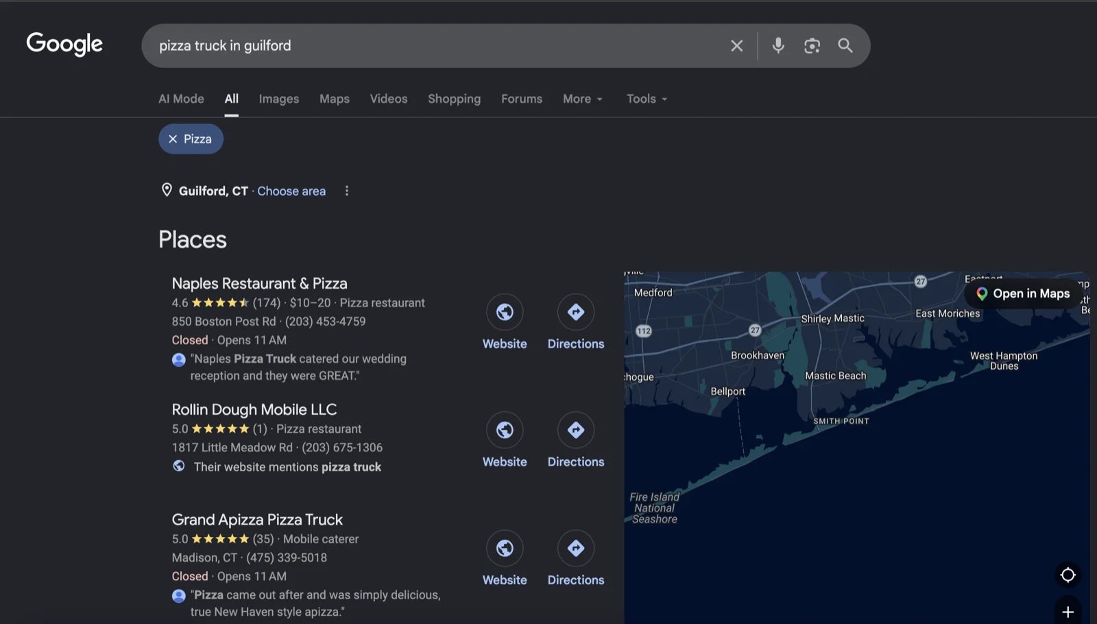 Google search results for "pizza truck in guilford" showing Rollin Dough Mobile LLC in the Places pack